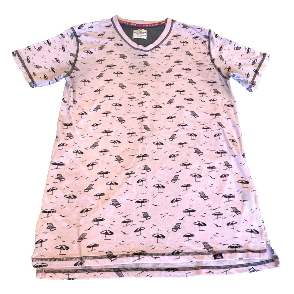 Ditch Plains by Ricky Singh Men's V-Neck T-Shirt; Beach Print; Pink;‎ Size M